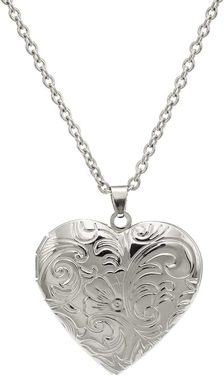 Vintage Engraved Flower Empaistic Photo Locket Hold Picture Oval Round Pendant Necklace Antique Carved Pattern Souvenir Memorial Clavicle Jewelry for Women