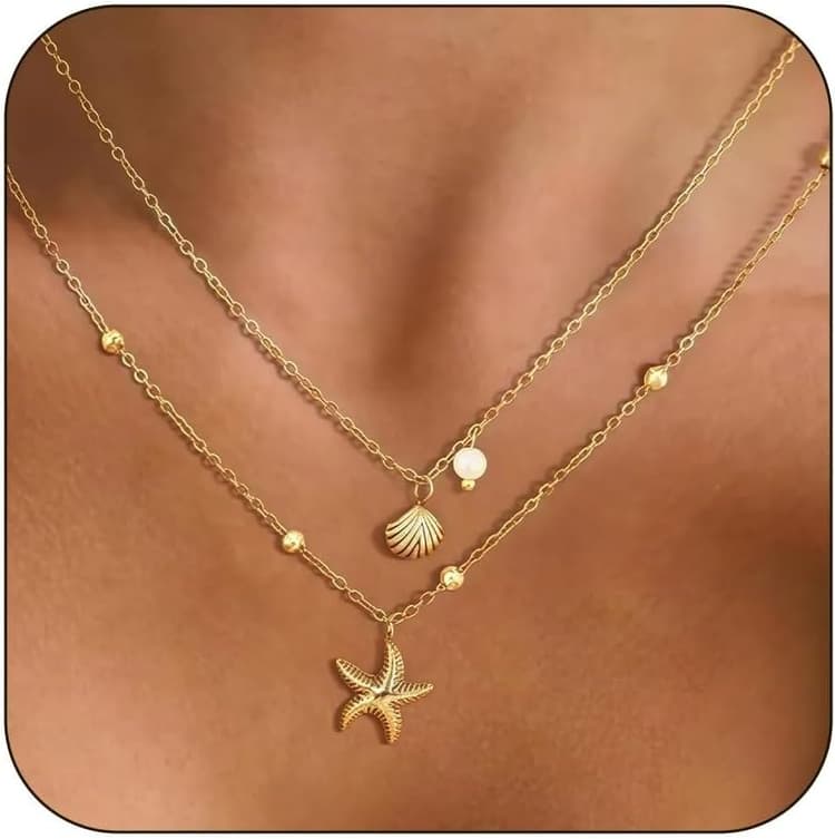 Collier coquillage pour femme, collier étoile de mer en or 18 carats pour femme, bijoux d'été, chaînes empilables, étoiles/superposés, pour l'été, la plage, l'océan, bijoux cadeaux