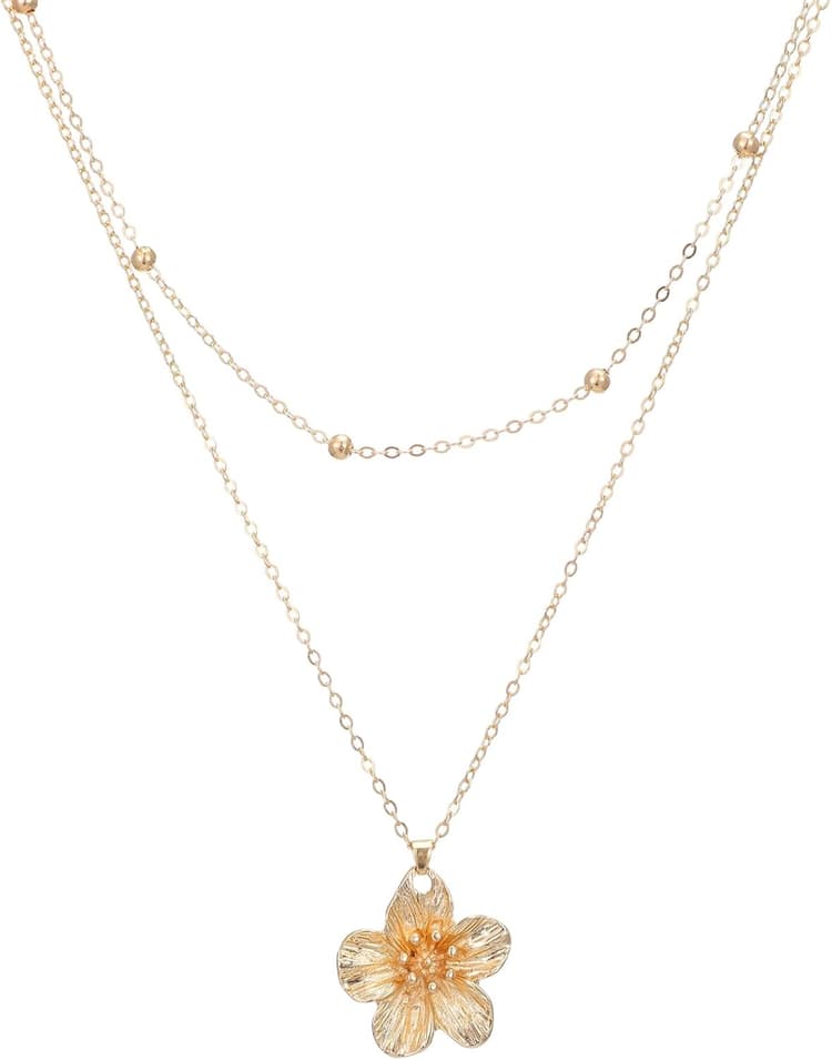 Collier avec pendentif fleur dorée pour femme, collier en métal doré plié en acier inoxydable double couche, collier ras du cou réglable, bijou bohème, cadeau pour anniversaire, vacances