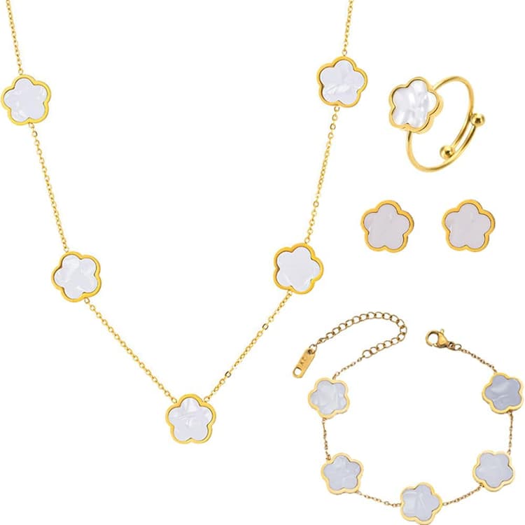 Bijoux Femme Trèfle à Quatre Feuilles Porte-Bonheur, 18k Plaqué Ensemble Collier, Bracelet, Bague, Boucles d'Oreilles Parures Cadeau pour Anniversaire, Saint-Valentin