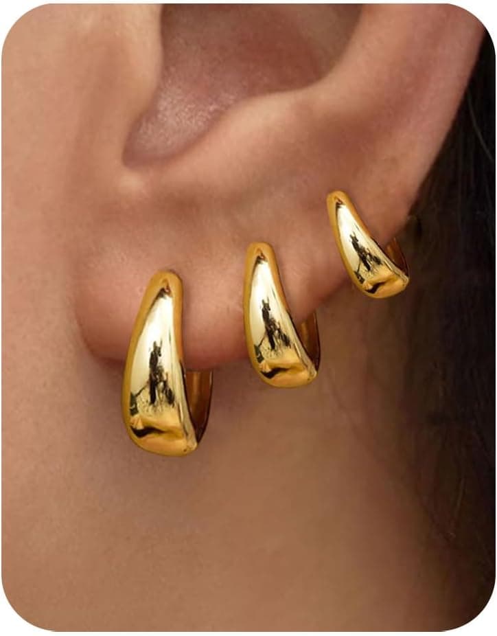 3Pairs Gold Hoop Earrings Set for Women Trendy Chunky Huggie Dainty Earring Jewelry for Women Teens