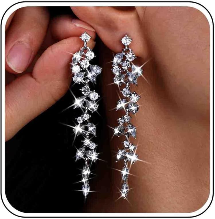 Longues Boucles D'oreilles Chandelier En Cristal Feuille D'argent - Pendantes En Strass Zirconium - Bijoux De Mariage Pour Femmes Et Filles