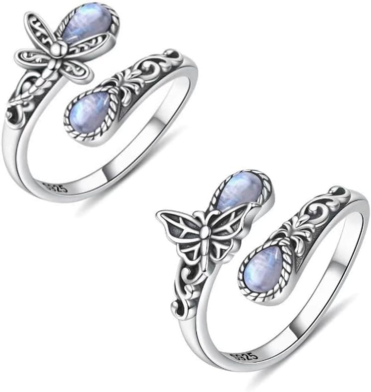 Bague papillon femme libellule réglable inspiration nature bague ouverte ajustable bijoux femme style vintage anneau fantaisie argent pierre bleu ciel