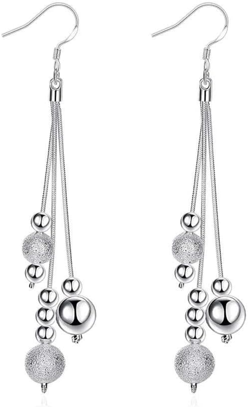 Élégantes boucles d'oreilles pendantes à longue chaîne en argent sterling plaqué avec perles et crochet