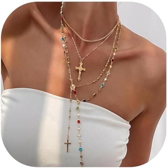 4 pièces collier en or superposé croix pour femmes perles bohèmes tendance perle pendentif Y long set de colliers vintage chapelet ajustable empilable
