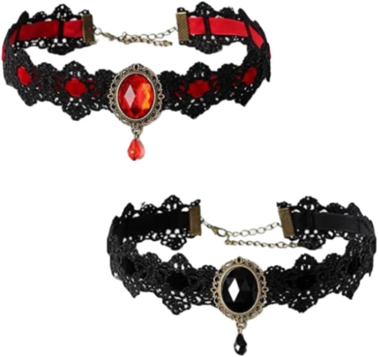 Lot de 2 Colliers Gothiques en Dentelle, Réglable Tour de Cou avec Pendentif en Cristal, Halloween Ras du Cou Gland, Chaîne de Vampire Bijoux Gothiques, Accessoires d'Halloween pour Femmes (Style 2)