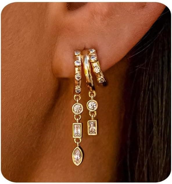 Boucles d'Oreilles Cercles pour Femme Plaqué Or 14K Boucles d'Oreilles Chaîne avec Pendentif en Zircon Minimalistes Légères Boucles d Oreilles pour Femmes Cadeau pour Elle​