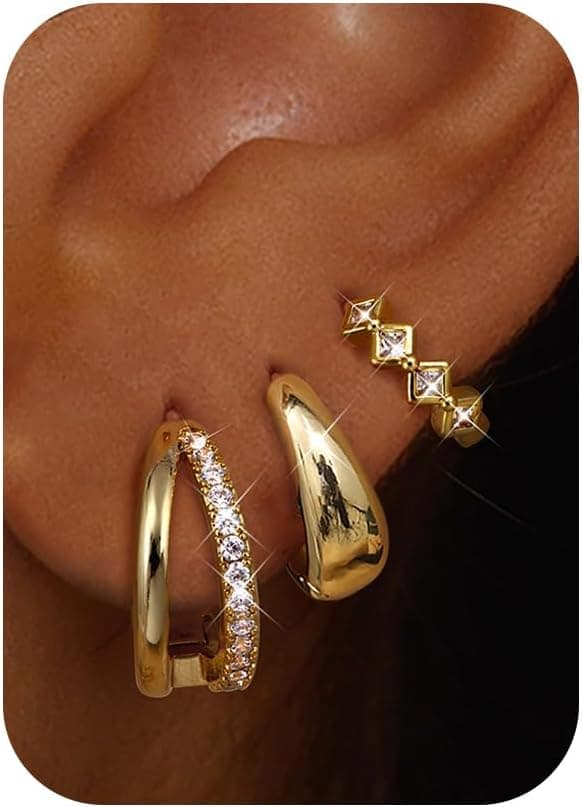 CASSIECA 3 Paires Boucles d'Oreilles Femme Or/Argent Creoles Hypoallergénique Cartilage Tragus Helix Piercing Oreille Créoles Boucles d'Oreilles