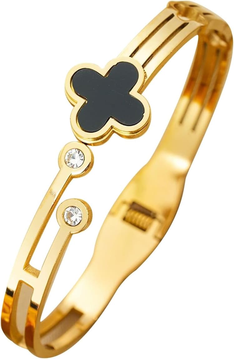 18K Gold Plated 316L Stainless Steel Bracelets Bangle Collection - 12 Unique Designs + Matching Diamond-Accent Titanium Steel Chain, Gift for Women