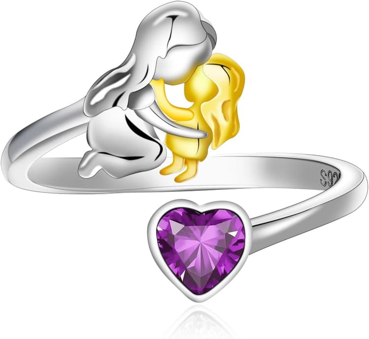 Qings Bague Pierre de Naissance avec Mère Fille en Argent 925 Bague Mama Fille Cœur Zirconium Anniversaire Fête des Mères Bijoux Cadeaux pour Maman Grand-Mère Femmes