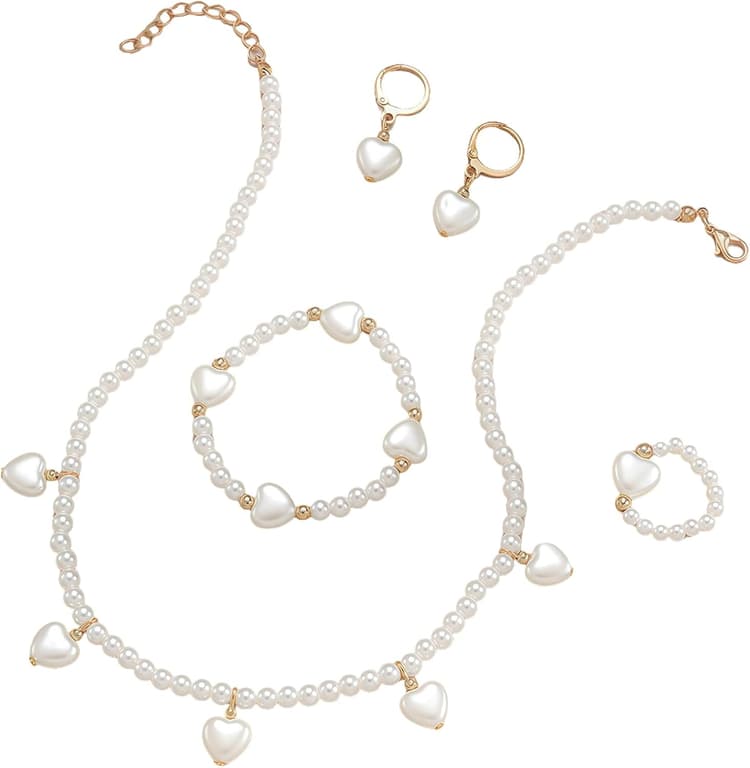 5 Pièces Ensemble de Bijoux pour Filles Bijoux pour Enfants avec Perles d'amour Colliers Bagues Bracelets Boucles D'Oreilles pour Enfants Filles Cadeau D'Anniversaire de Fête
