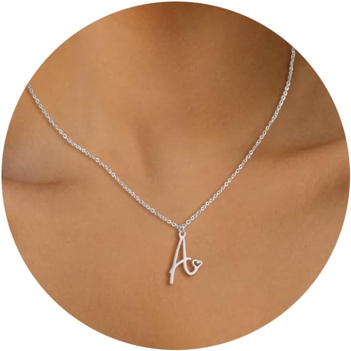 Collier Lettre Femmes Or Argent Chaîne avec Initiales A-Z Coeur Pendentif Acier Inoxydable Nom Collier Prenom Personnalisé Cadeaux Bijoux pour Femme Filles 45+5CM