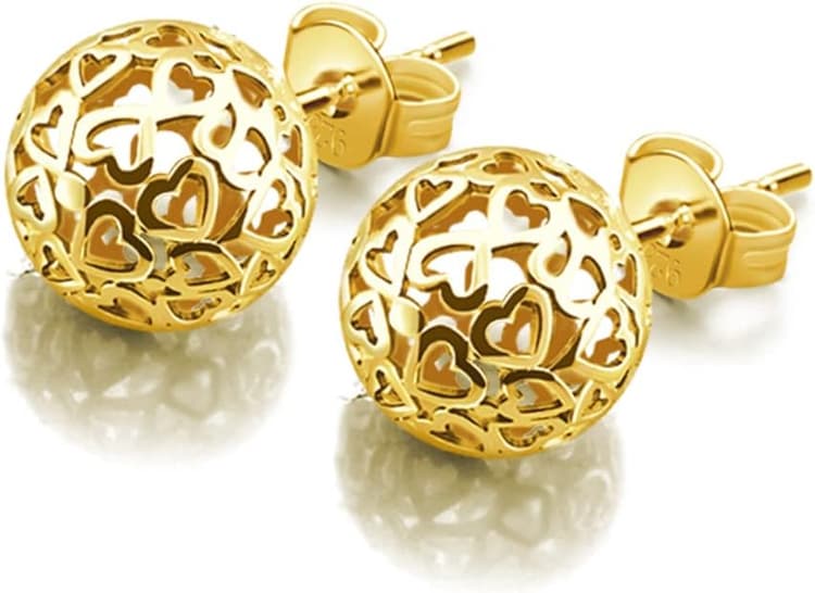 Dankadi Boucles D'oreilles Boule Creux D'amour pour Femme en 925 Argent Sterling, 7MM Clous D'oreilles Rond en Forme de Cœur Évidé Plaqué Or Bijou Cadeau de Fête Anniversaire Mariage