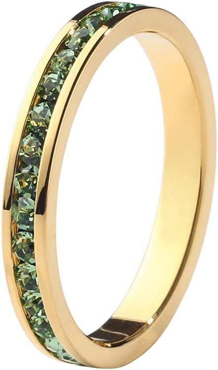 Muses Art Design Birthstone Eternity Band Ring 18K Gold Plated (Channel Set/Full Round), Stacking Fashion Ring with Crystal Birthstone