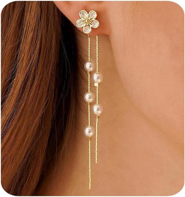 Boucles d Oreilles Femme Piercing Plaqué Or 14K Boucles d'oreilles Chaîne à Fleur en Zircon et Perle Minimalistes Légères Boucles d Oreilles pour Femmes Cadeau pour Elle​