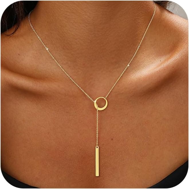 Long Gold Necklace for Women Trendy, Dainty Layered Lariat Necklace 14k Gold Plated Silver Y Shaped Beaded Chain Non Tarnish Drop Necklaces Simple Adjustable Jewelry Gift