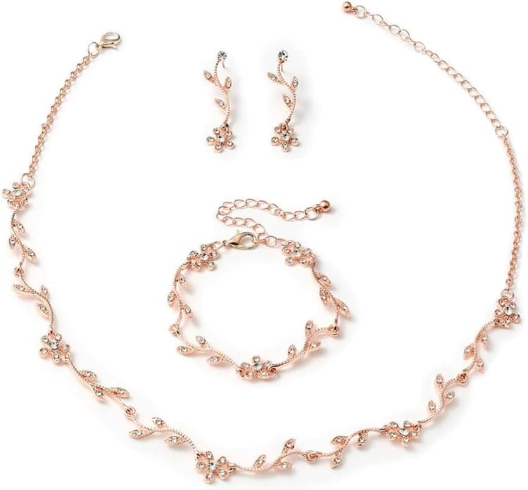 Collier Cristal Boucles d'oreilles Bracelet Bijoux de mariage Ensemble de bijoux de mariage Strass Ras de cou Collier Pour Mariées (Or Rosé)