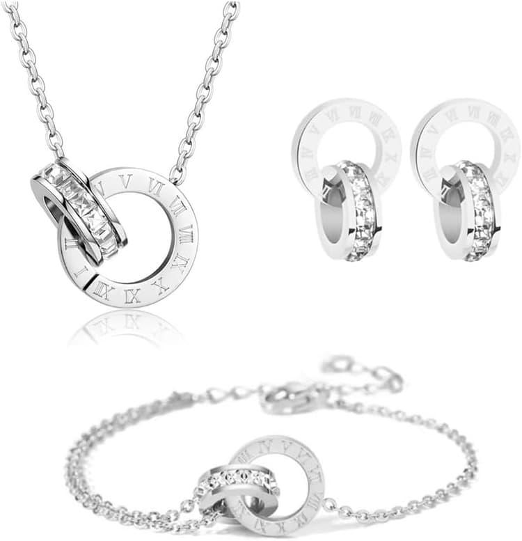 Parure Ensemble de Bijoux Femme Chiffres Romains Cercle Zircon Cubique Acier Inoxydable Plaqué Or 18K Argent Boucles d'oreilles Bracelet Collier Élégantes Mariage Soirée Cadeau