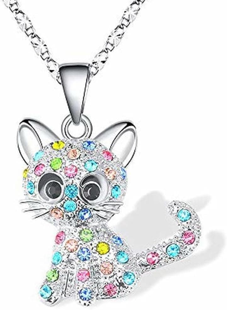 Collier pour Fille Chat Pendentif, Collier Strass Cristal de Bijoux Set, Collier Chat Mignon Pour Fille, Pendentif Chat, Cadeau de Noël, Anniversaire pour Enfants Filles Femmes