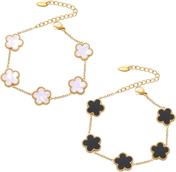 Lot de 2 bracelets porte-bonheur en forme de trèfle à cinq feuilles bracelet trefle 4 feuilles femme, plaqué or 18 carats, cadeau d'amitié pour fille