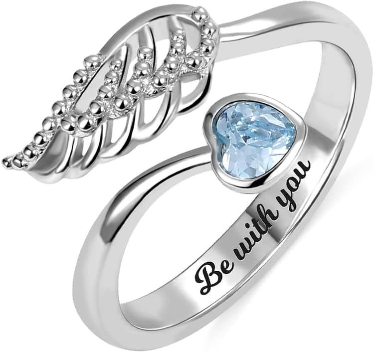 Bague d’aile d’ange, bague de pierre de naissance de mère, bague d’aile d’ange gravée avec pierre de naissance, cadeau pour elle, cadeau pour maman en argent sterling 925