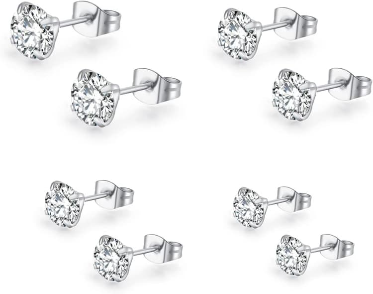 Boucles d'oreilles blanches pour femmes, 4 paires de clous en zirconium, petits clous de cartilage de sommeil unisexe hypoallergéniques, zircone 5A, taille, 3, 4, 5, 6 mm, argent