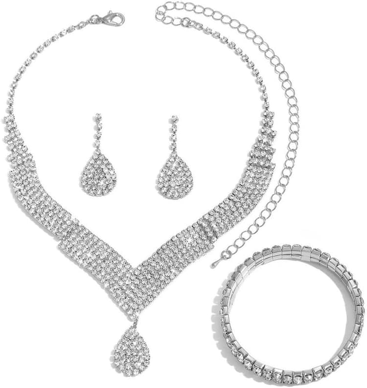 3 Pièces Parure Bijoux Femme Ensemble Collier Boucles d'Oreilles et Bracelet en Strass Élégance Parures Accessoires pour Robe de Soirée de Mariage Bijoux Fantaisie Cadeaux
