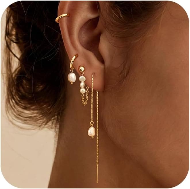 Gold Hoop Earrings for Women, 14K Gold Plated Hypoallergenic Pearl Drop Dangle Huggie Hoop Earring Stack for Multiple Piercings & Cartilage, Dainty Trendy Womens Jewelry