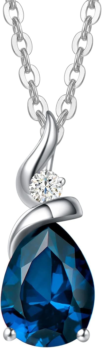 FANCIME Collier Femme en Or Blanc 14 carats 585/1000 Goutte D'eau Pendentif et Argent 925/1000 Chaîne avec Bleu Topaze et Diamant Naturelle Cadeau Bijoux pour Femme - Chaîne Ajustable: 40 + 5 cm