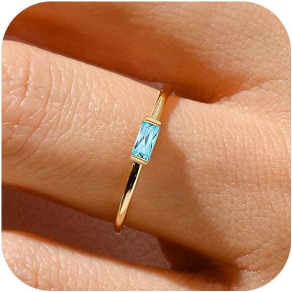 RLMOON Birthstone Rings for Women Non Tarnish Gold Stackable Rings Dainty 14K Gold/Silver Plated Baguette CZ Emerald Green Pinky Ring Personalized Jewelry Gift for Birthday Size 4-10