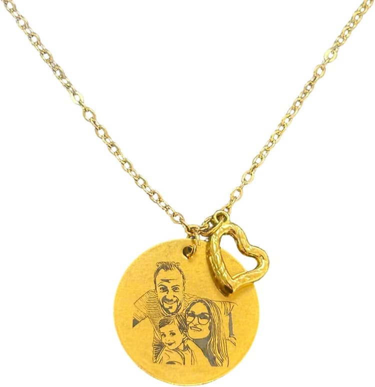Collier Personnalisé avec Photo Gravée et Message, Pendentif médaille Rond en Or, or rose ou argent, Chaîne Dorée, acier inoxydable, gravure de haute qualité, gravure effet dessin-avec coeur