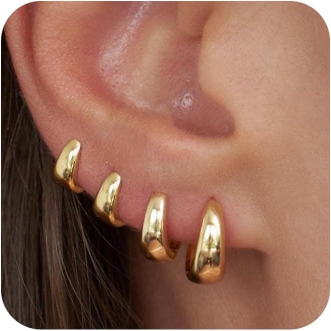 CHESKY 4 Pairs Small Huggie Hoop Earrings for Women - Chunky 14K Gold Plated/Silver Plated Lightweight Earring Stacks Cartilage Hoop Earrings Set for Multiple Piercing Trendy Jewelry