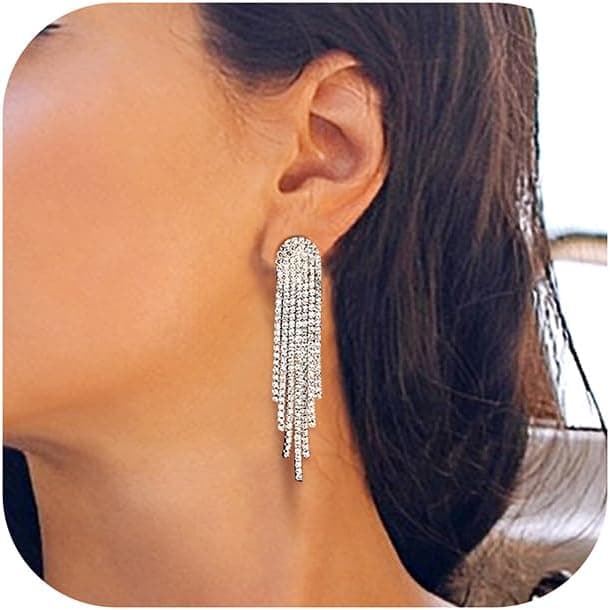 Adramata Boucles d'Oreilles Femme Brillant Boucles d'Oreilles Pendantes Longue Strass Hypoallergénique Tige Acier Inoxydable Boucles d'Oreilles Fantaisie Bijoux Femme Boucles d'Oreilles Femme Argent