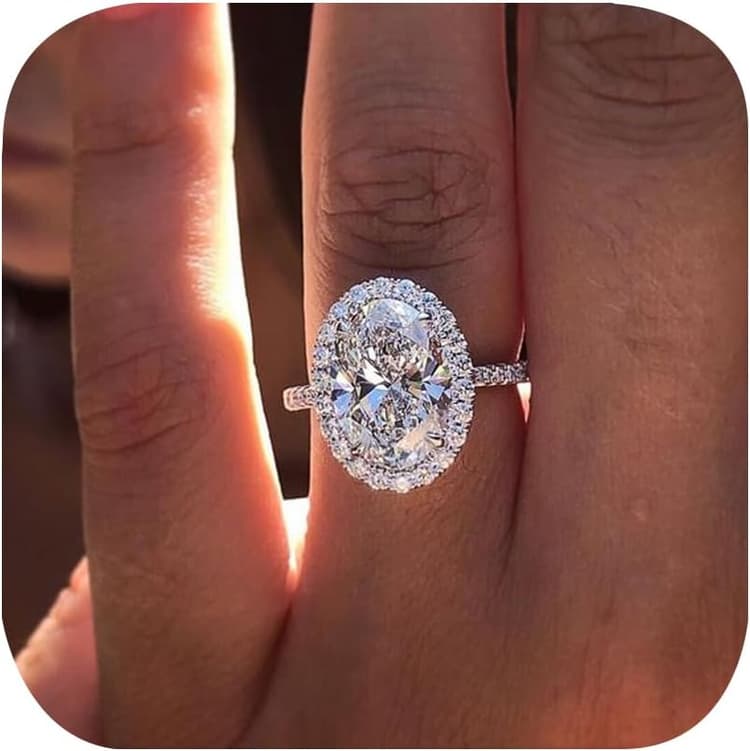 Sparkle 925 Sterling Silver Plated Halo Oval Cut Diamond Engagement Ring for Women Cubic Zirconia Wedding Ring Simulated Diamond Fashion Party Accessories Promise Ring Size 8