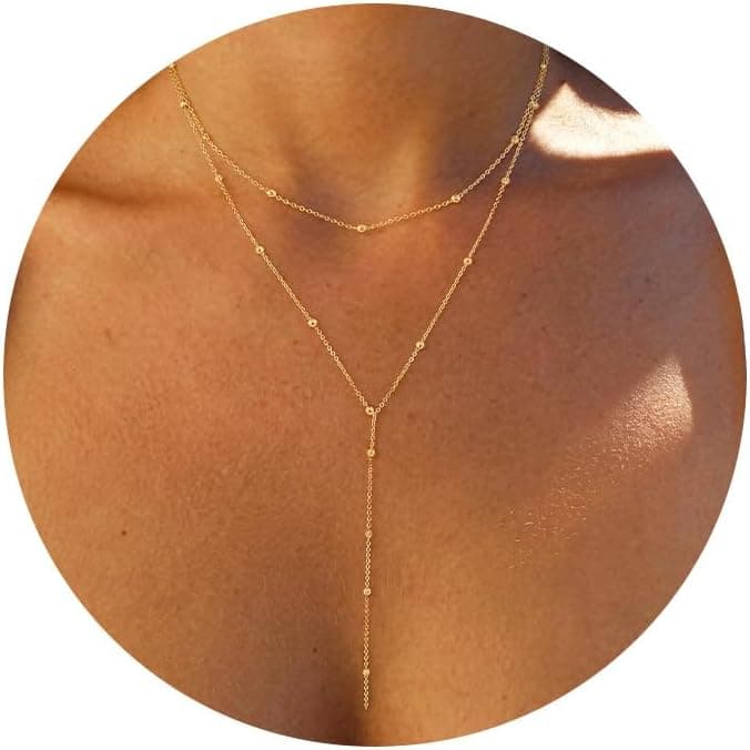 Foxgirl Lariat Gold Necklace for Women, Dainty Long Necklace 14k Gold Plated/Silver Y-Shaped Pendant Necklace Trendy Layered Cz Beaded Chain Drop Necklaces Simple Gold Jewelry For Women Gift