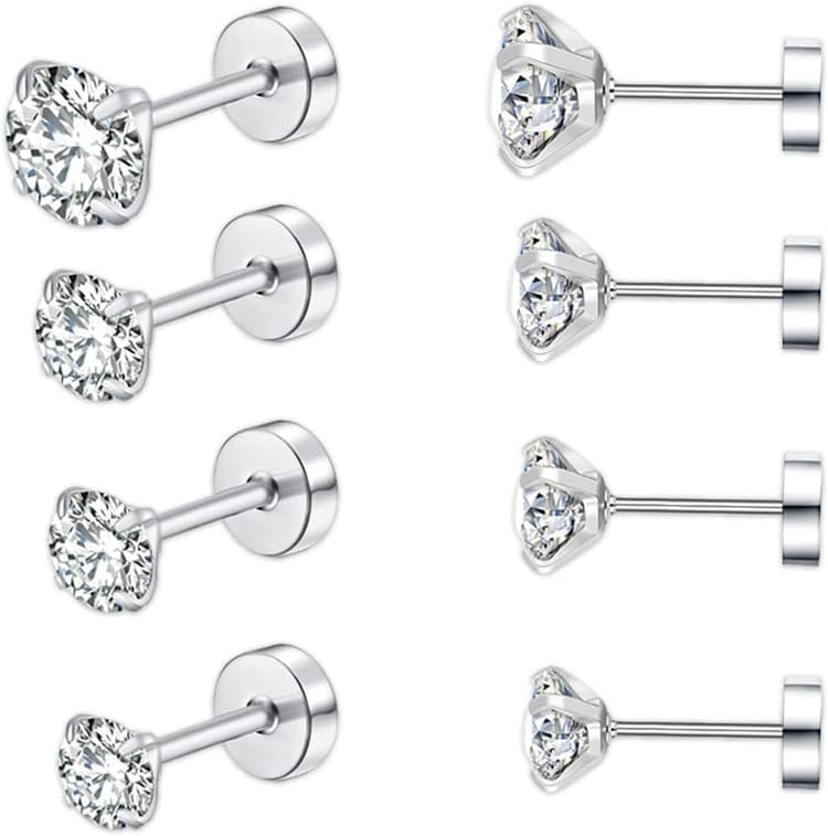 4 Paires Clous d'oreilles en Argent Fin 925 avec Zircones Cubiques Boucles d'oreilles Femmes Filles Hommes Puces d'oreilles Rondes Hypoallergéniques Cartilage Huggies Set, Diamètre 2/3/4/5mm