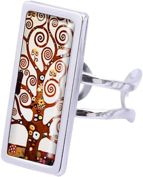 Bague rectangle Arbre de vie Spirales Klimt cabochon bijou fantaisie acier inoxydable