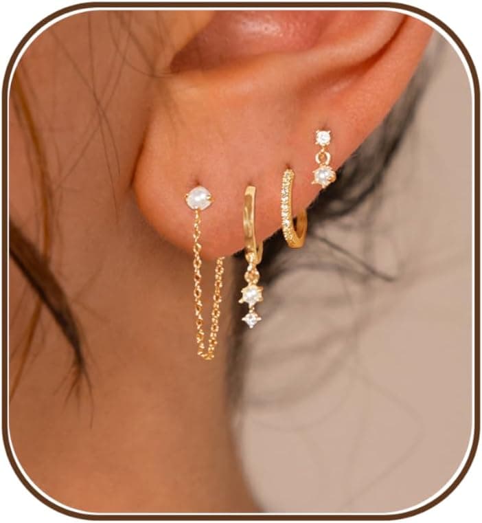 Gold Plated Earrings for Women, 14k Gold Plated Earring Stack Hypoallergenic Pearl Drop Earring Dainty Earrings for Women Trendy Cute Small Huggie Hoop Earring Fashion Womens Jewelry