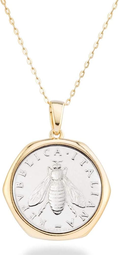 Miabella Italian 18K Gold Plated 925 Sterling Silver Genuine 2-Lira Bee Coin Medallion Pendant Necklace for Women 18 Inch Chain, Made in Italy