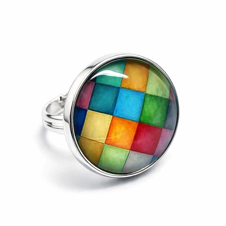 Bague fantaisie femme réglable, en acier inoxydable, illustrée, cabochon en verre, vintage, rétro, originale, parure « l'arlequin », motifs, losanges, formes géométriques, multicolore (ref.5a)