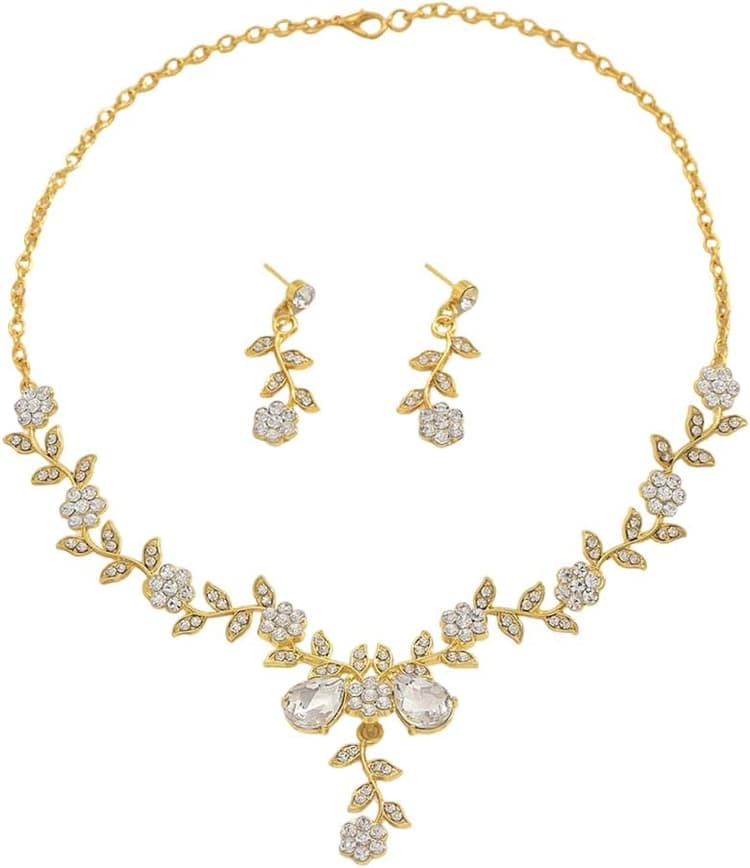 2 Pièces Parure Bijoux Femme Collier Boucles Oreilles Ensemble Bijoux Fantaisie Doré Cristal Strass Accessoires Mode pour Mariage Soirée Cérémonie