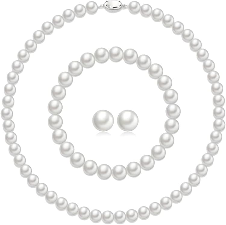 Parure de Bijoux en Perles Ensemble de Bijoux Argent Perles Blanches Collier Bracelet Boucles D'oreilles de Culture D'eau Douce pour Femme Mariage Bridal Bal Fête avec Coffret Cadeau