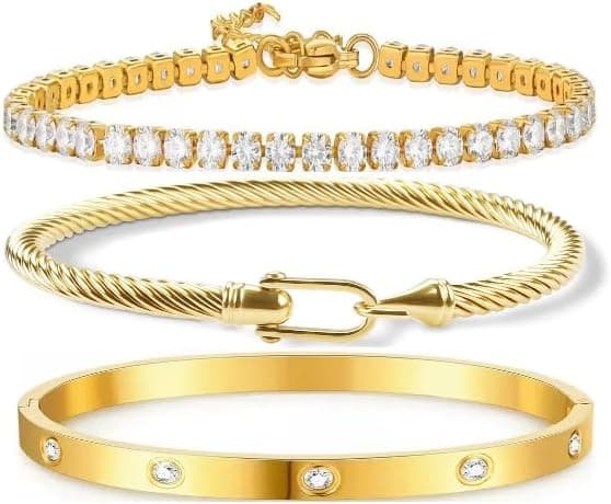 NEKVFO 18K Gold Plated Love Bracelet Set, Zircon Adjustable Bracelet Horseshoe Buckle Cable Bracelet, 3-Piece Women's Stackable Gold Bracelet Jewelry Set