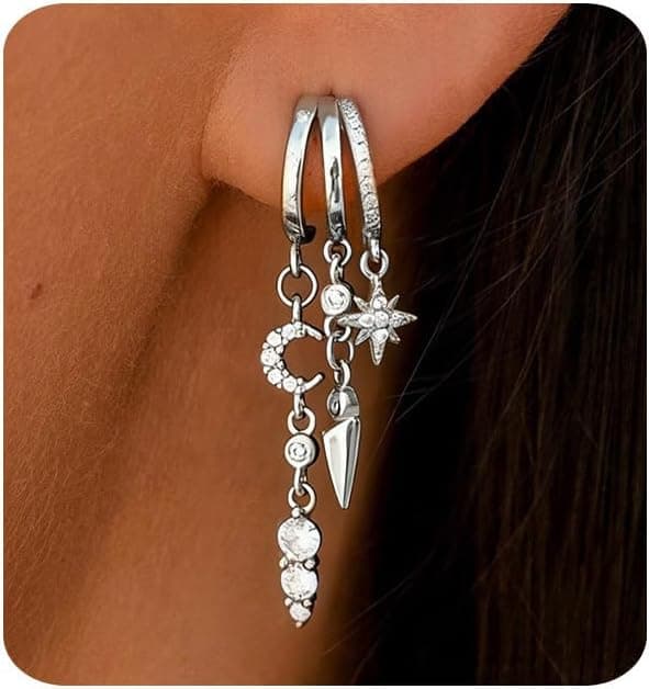Boucles d'Oreilles Cercles pour Femme Plaqué Or 14K Boucles d'Oreilles Chaîne avec Franges en Zircon Minimalistes Pendentif étoile et lune Boucles d Oreilles pour Femmes Cadeau pour Elle​