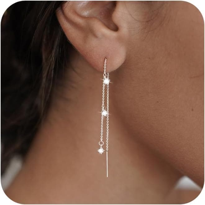 Longues Boucles d'oreilles Pendantes en Chaine Or/Argent, Hypoallergénique Boucles d'oreilles enfilées CZ Longues Boucles d'oreilles Pampilles Cadeaux pour Mariage Saint Valentin