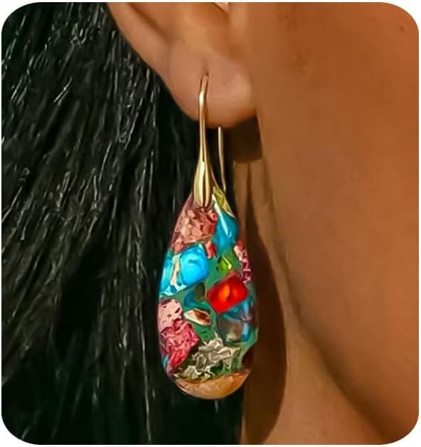 Boucles d'Oreilles Femme en Or Plaqué 14K Pendantes Turquoise, Créoles Poisson Pierre Style Minimaliste et Délicat Légères Boucles d Oreilles pour Femmes Cadeau pour Elle​