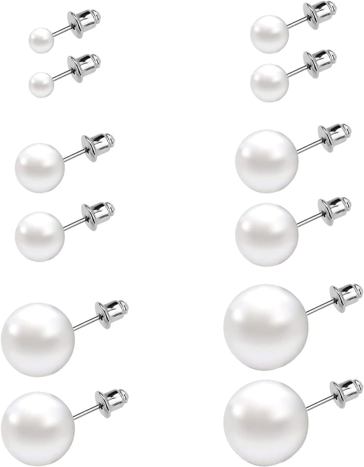 Sidereum 6 Paires Boucles d'oreilles Perles pour Femmes Clous d'oreilles en Acier Inoxydable Perles d'eau Douce Blanches Oreille Bijoux