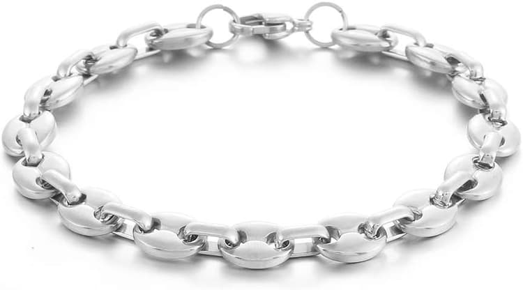 Bracelet Graine de Café Homme Gourmette Argent Noir Or en Acier Inoxydable - Chaine Grain de Cafe Longueur 18/22/24cm, Largeur 6/9/11mm