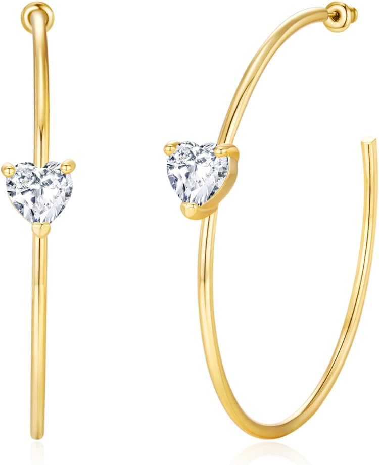 Large Gold Hoop Earrings for Women 14k Gold Plated with 925 Sterling Silver Post Big Open Hoops Earrings Trendy Cubic Zirconia Heart Hoop Earrings Jewelry Gifts for Women