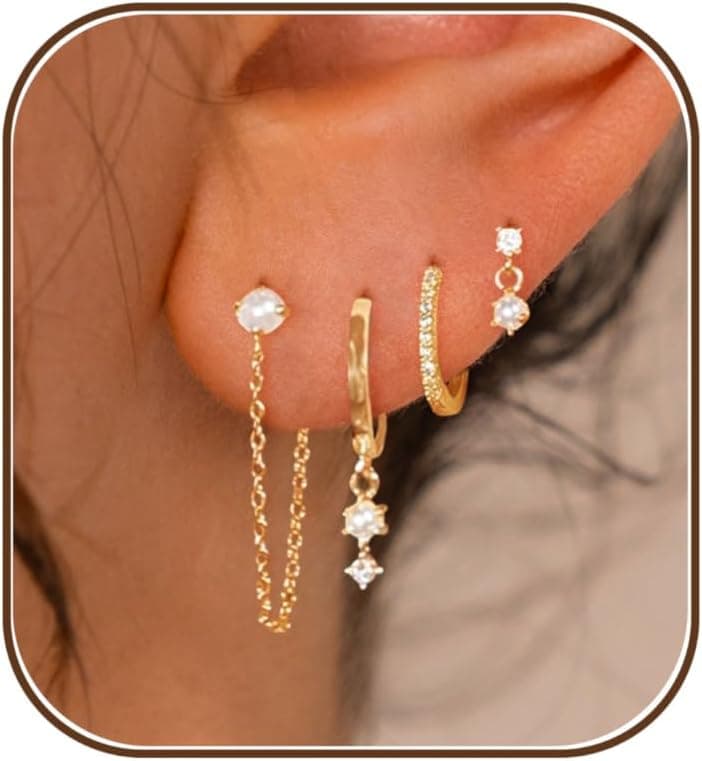 Gold Plated Earrings for Women, 14k Gold Plated Earring Stack Hypoallergenic Pearl Drop Earring Dainty Earrings for Women Trendy Cute Small Huggie Hoop Earring Fashion Womens Jewelry